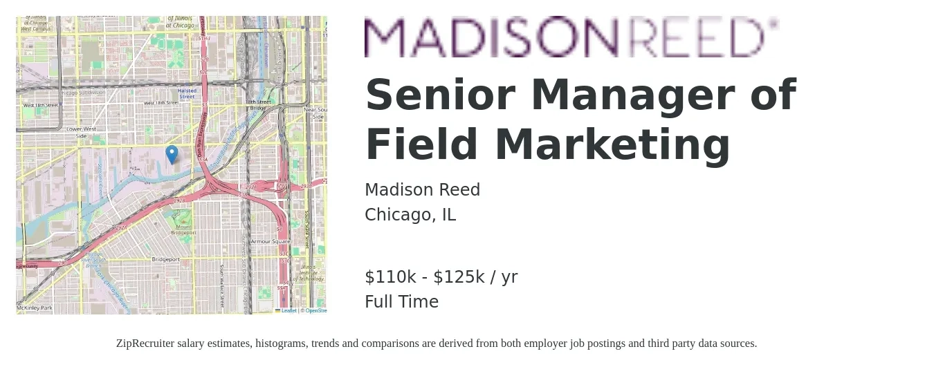 Madison Reed job posting for a Senior Manager of Field Marketing in Chicago, IL with a salary of $110,000 to $125,000 Yearly with a map of Chicago location.