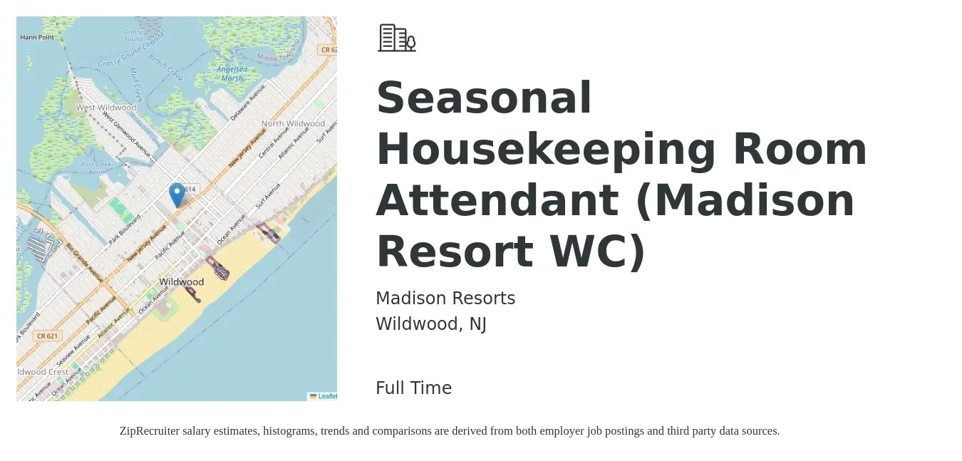 Madison Resorts job posting for a Seasonal Housekeeping Room Attendant (Madison Resort WC) in Wildwood, NJ with a salary of $14 to $17 Hourly with a map of Wildwood location.