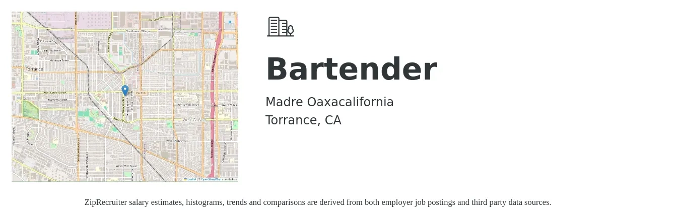 Madre Oaxacalifornia job posting for a Bartender in Torrance, CA with a salary of $16 Hourly with a map of Torrance location.