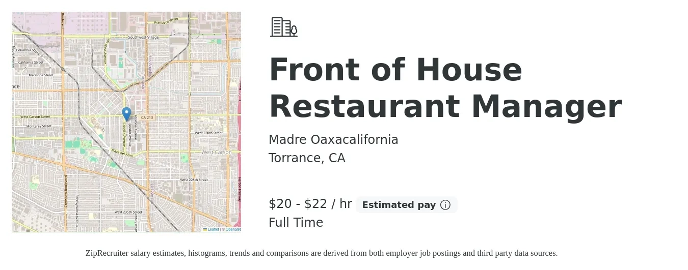 Madre Oaxacalifornia job posting for a Front of House Restaurant Manager in Torrance, CA with a salary of $21 to $23 Hourly with a map of Torrance location.