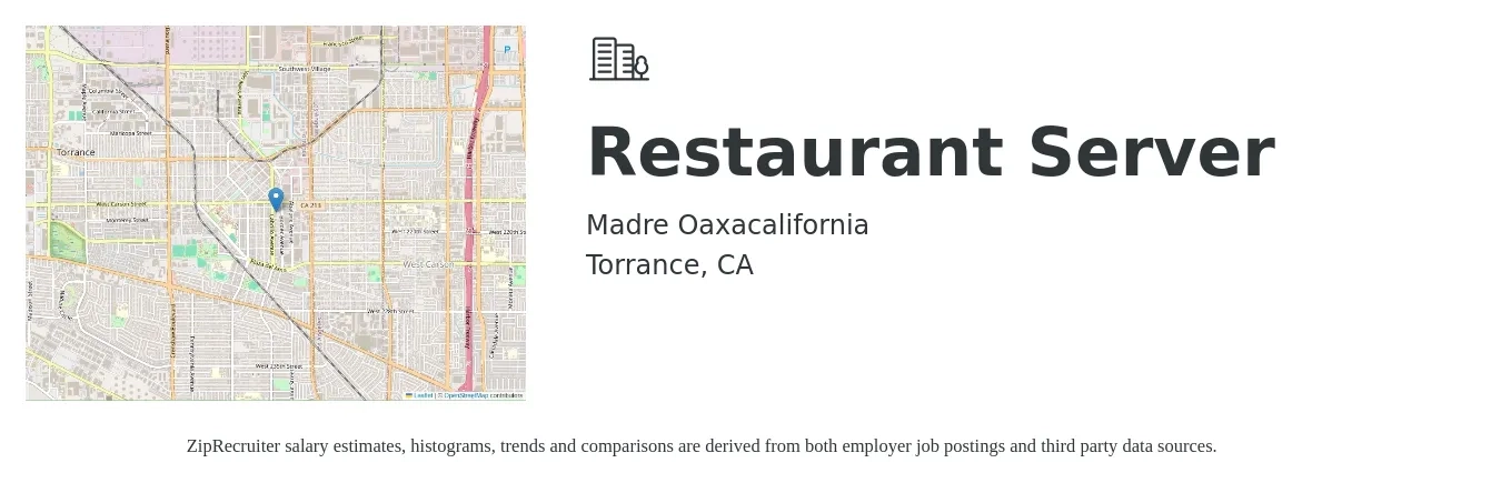 Madre Oaxacalifornia job posting for a Restaurant Server in Torrance, CA with a salary of $16 Hourly with a map of Torrance location.
