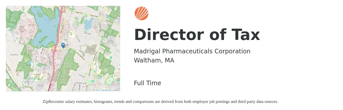 Madrigal Pharmaceuticals Corporation job posting for a Director of Tax in Waltham, MA with a salary of $169,900 to $239,000 Yearly with a map of Waltham location.