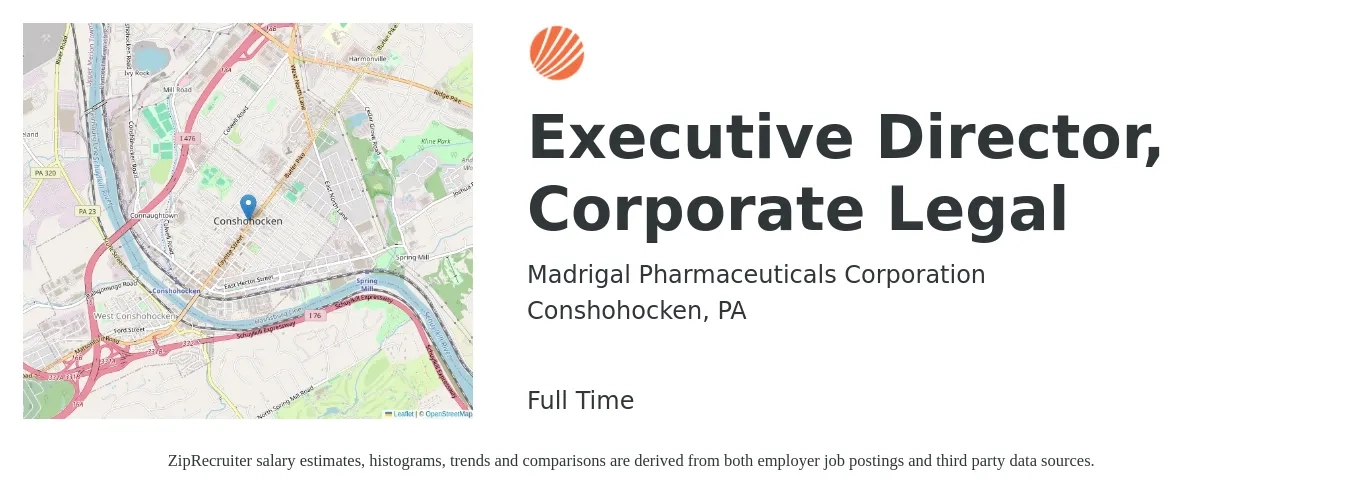 Madrigal Pharmaceuticals Corporation job posting for a Executive Director, Corporate Legal in Conshohocken, PA with a salary of $107,300 to $158,000 Yearly with a map of Conshohocken location.