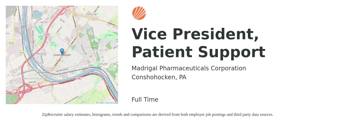 Madrigal Pharmaceuticals Corporation job posting for a Vice President, Patient Support in Conshohocken, PA with a salary of $113,200 to $187,000 Yearly with a map of Conshohocken location.