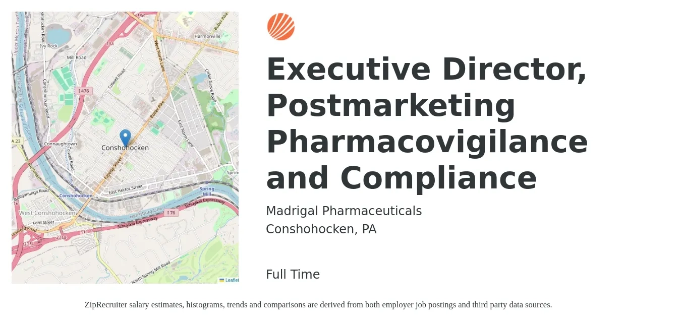 Madrigal Pharmaceuticals Corporation job posting for a Executive Director, Postmarketing Pharmacovigilance and Compliance in Conshohocken, PA with a salary of $28 to $56 Hourly with a map of Conshohocken location.