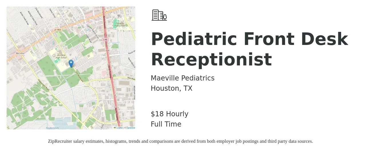 Maeville Pediatrics job posting for a Pediatric Front Desk Receptionist in Houston, TX with a salary of $19 Hourly with a map of Houston location.