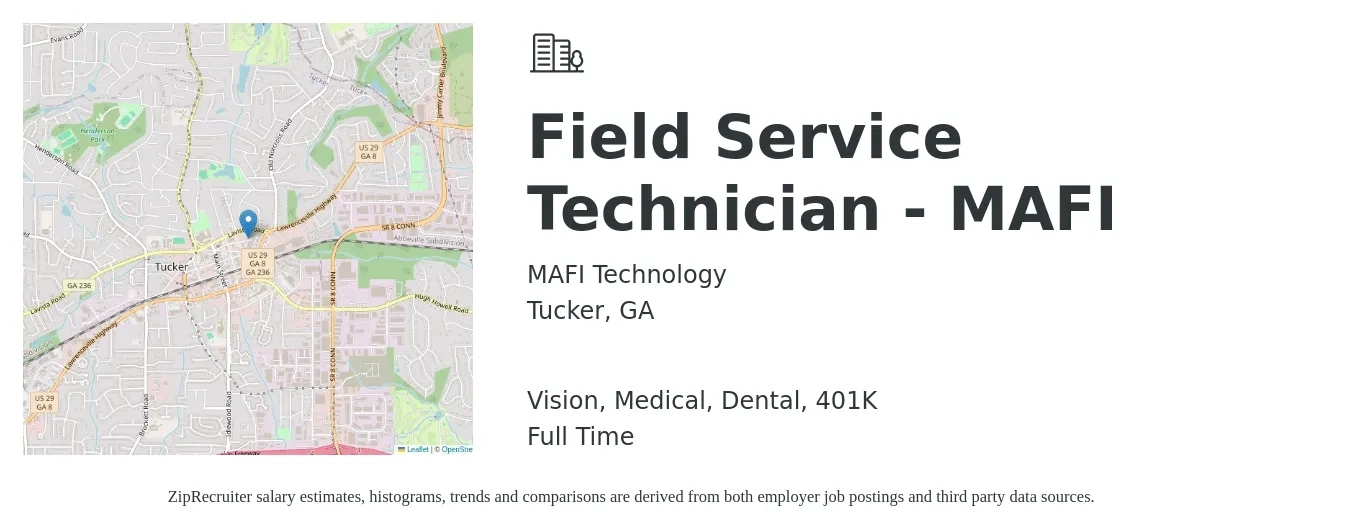 MAFI Technology job posting for a Field Service Technician - MAFI in Tucker, GA with a salary of $19 to $28 Hourly and benefits including 401k, dental, life_insurance, medical, and vision with a map of Tucker location.