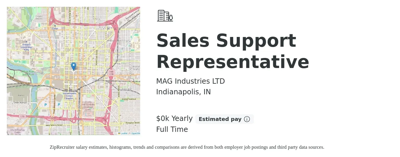 MAG Industries LTD job posting for a Sales Support Representative in Indianapolis, IN with a salary of $18 to $20 Yearly with a map of Indianapolis location.