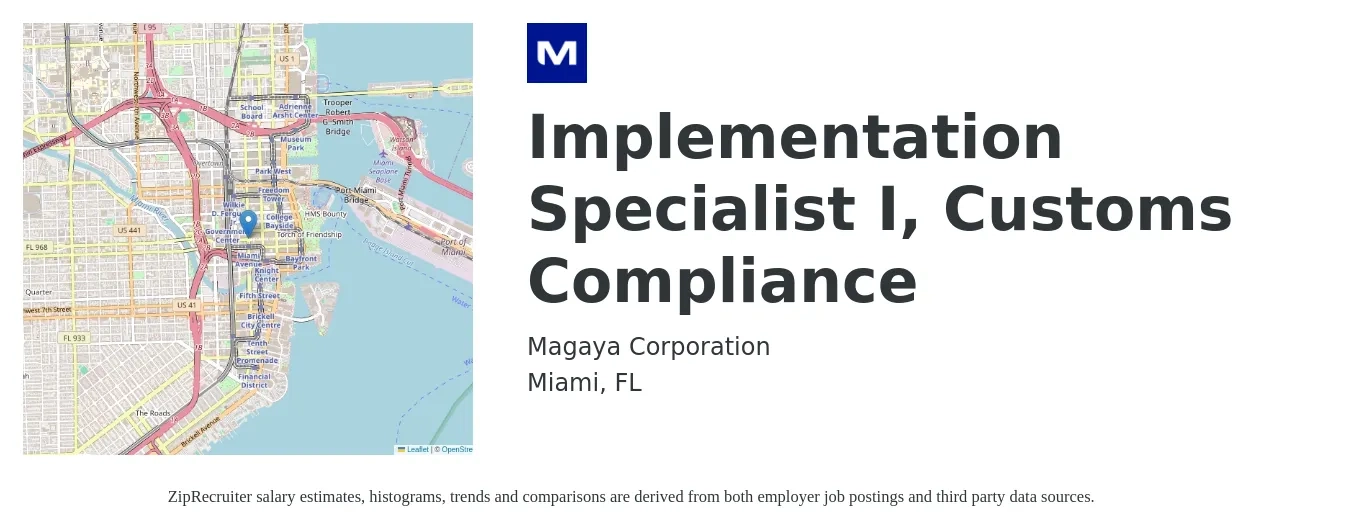 Magaya Corporation job posting for a Implementation Specialist I, Customs Compliance in Miami, FL with a salary of $60,000 to $75,000 Yearly with a map of Miami location.