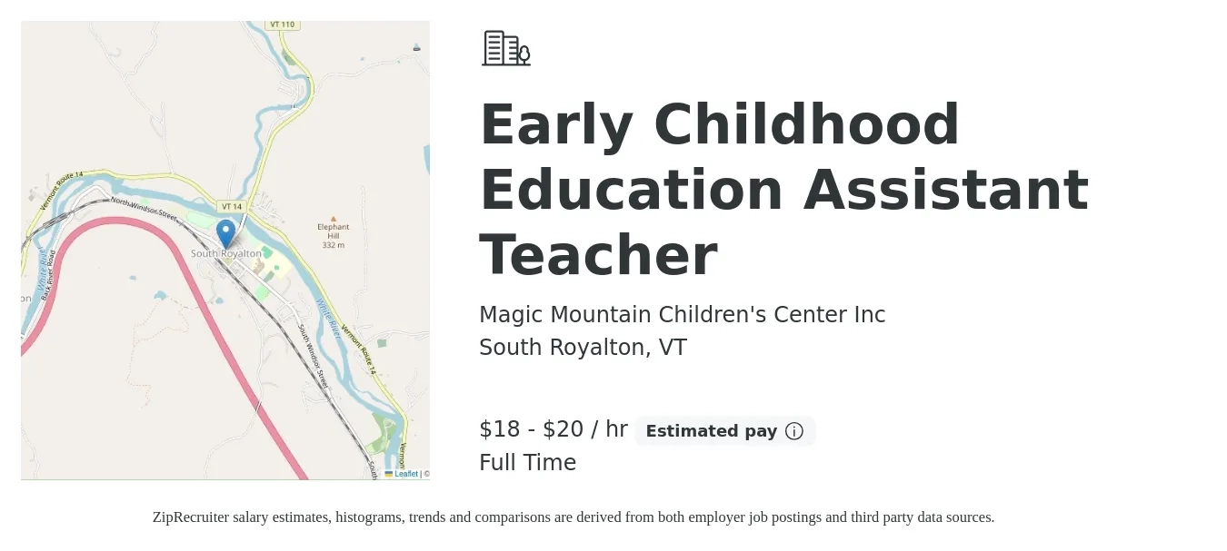 Magic Mountain Children's Center Inc job posting for a Early Childhood Education Assistant Teacher in South Royalton, VT with a salary of $19 to $21 Hourly with a map of South Royalton location.