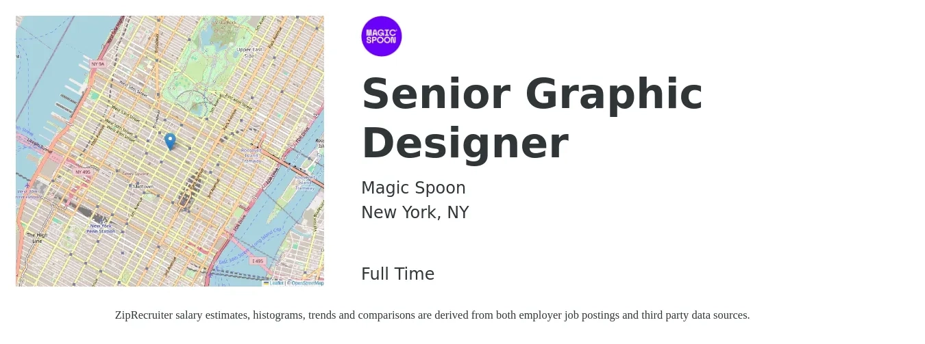 Magic Spoon job posting for a Senior Graphic Designer in New York, NY with a salary of $70,600 to $96,800 Yearly with a map of New York location.