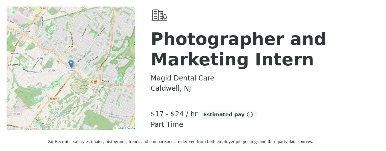 Magid Dental Care job posting for a Photographer and Marketing Intern in Caldwell, NJ with a salary of $18 to $25 Hourly with a map of Caldwell location.