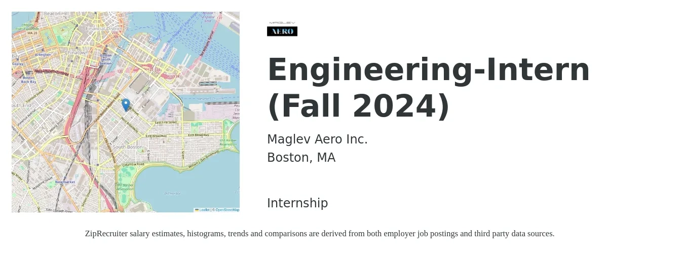Maglev Aero Inc. job posting for a Engineering-Intern (Fall 2024) in Boston, MA with a salary of $18 to $24 Hourly with a map of Boston location.