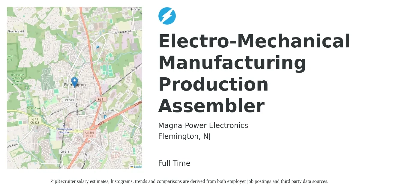 Magna-Power Electronics job posting for a Electro-Mechanical Manufacturing Production Assembler in Flemington, NJ with a salary of $19 to $24 Hourly with a map of Flemington location.
