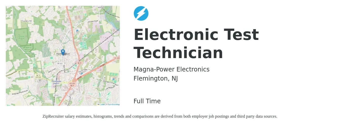 Magna-Power Electronics job posting for a Electronic Test Technician in Flemington, NJ with a salary of $22 to $30 Hourly with a map of Flemington location.