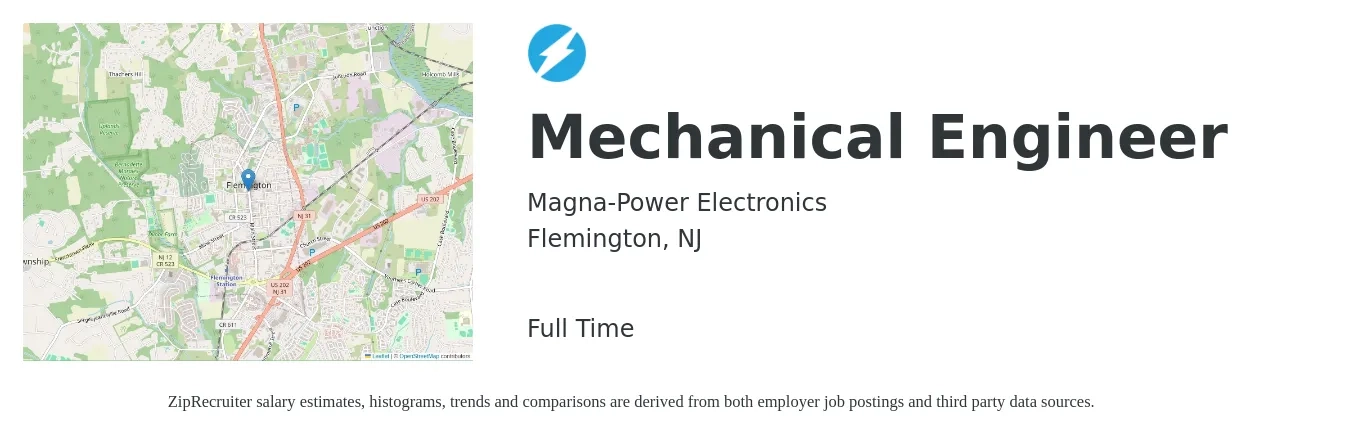 Magna-Power Electronics job posting for a Mechanical Engineer in Flemington, NJ with a salary of $82,400 to $127,900 Yearly with a map of Flemington location.