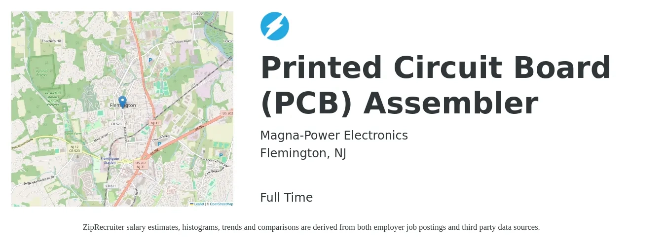 Magna-Power Electronics job posting for a Printed Circuit Board (PCB) Assembler in Flemington, NJ with a salary of $17 to $24 Hourly with a map of Flemington location.