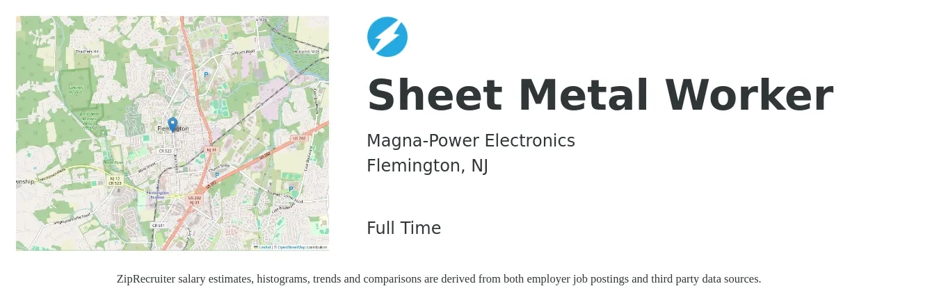 Magna-Power Electronics job posting for a Sheet Metal Worker in Flemington, NJ with a salary of $19 to $27 Hourly with a map of Flemington location.
