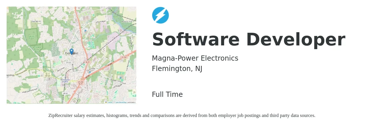 Magna-Power Electronics job posting for a Software Developer in Flemington, NJ with a salary of $91,000 to $131,400 Yearly with a map of Flemington location.