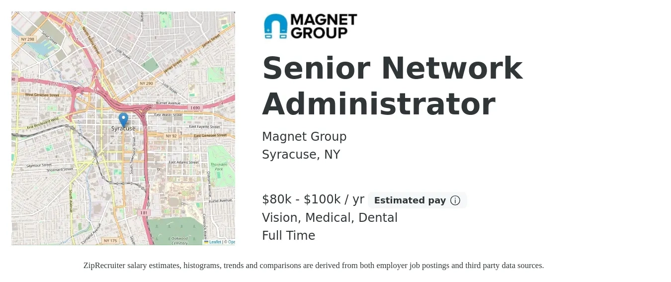 Magnet Group job posting for a Senior Network Administrator in Syracuse, NY with a salary of $80,000 to $100,000 Yearly and benefits including dental, life_insurance, medical, pto, retirement, and vision with a map of Syracuse location.