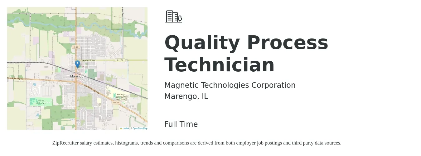 Magnetic Technologies Corporation job posting for a Quality Process Technician in Marengo, IL with a salary of $18 to $24 Hourly with a map of Marengo location.