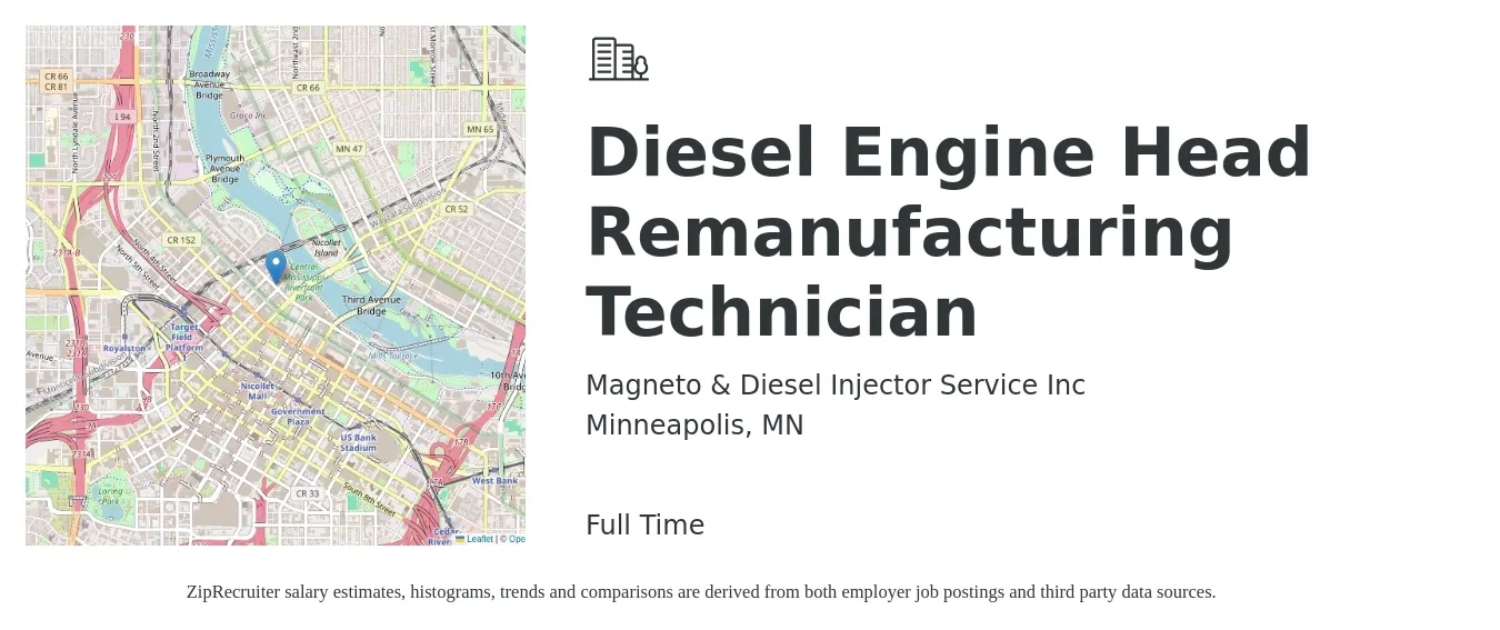Magneto & Diesel Injector Service Inc job posting for a Diesel Engine Head Remanufacturing Technician in Minneapolis, MN with a salary of $28 to $38 Hourly with a map of Minneapolis location.