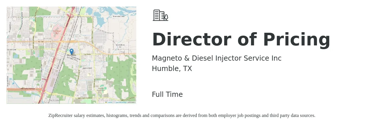 Magneto & Diesel Injector Service Inc job posting for a Director of Pricing in Humble, TX with a salary of $117,400 to $160,600 Yearly with a map of Humble location.