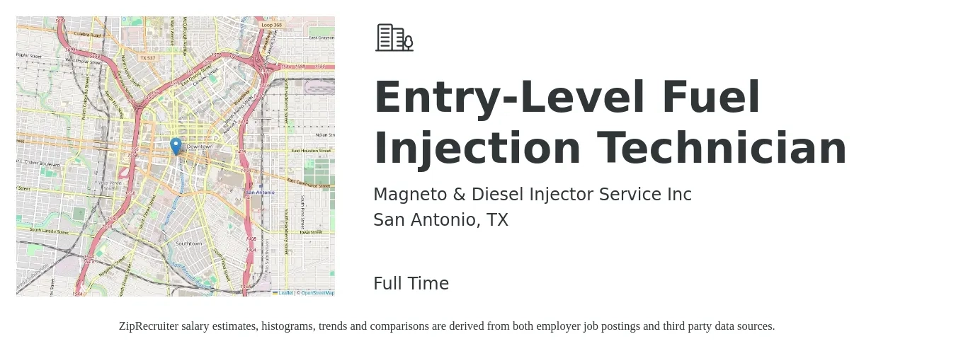 Magneto & Diesel Injector Service Inc job posting for a Entry-Level Fuel Injection Technician in San Antonio, TX with a salary of $14 to $21 Hourly with a map of San Antonio location.