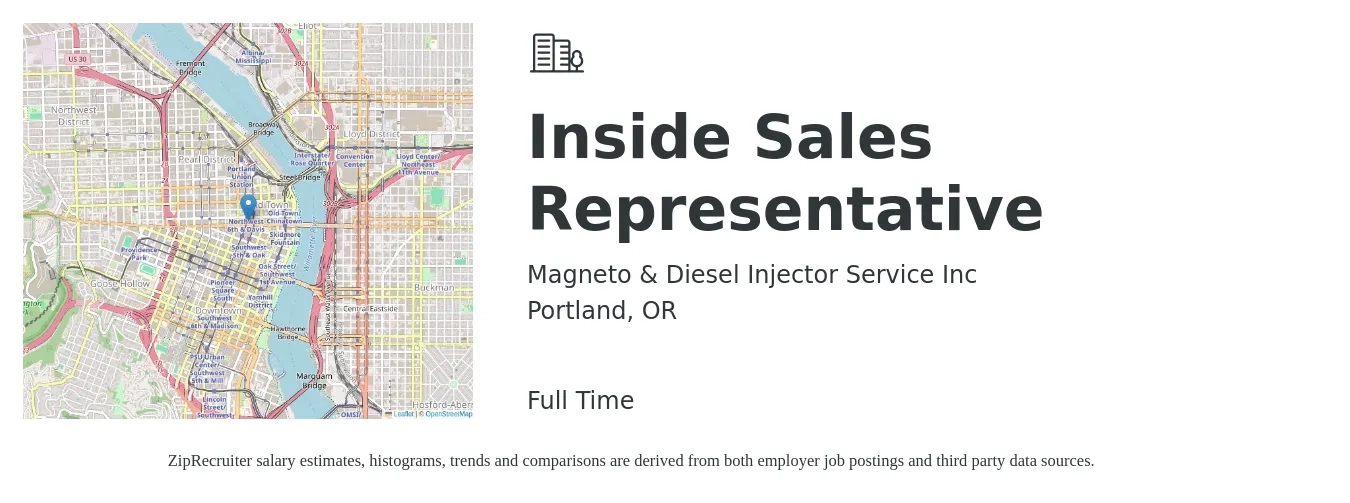 Magneto & Diesel Injector Service Inc job posting for a Inside Sales Representative in Portland, OR with a salary of $41,100 to $61,400 Yearly with a map of Portland location.