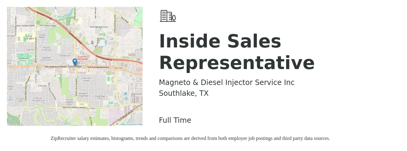 Magneto & Diesel Injector Service Inc job posting for a Inside Sales Representative in Southlake, TX with a salary of $37,200 to $55,600 Yearly with a map of Southlake location.