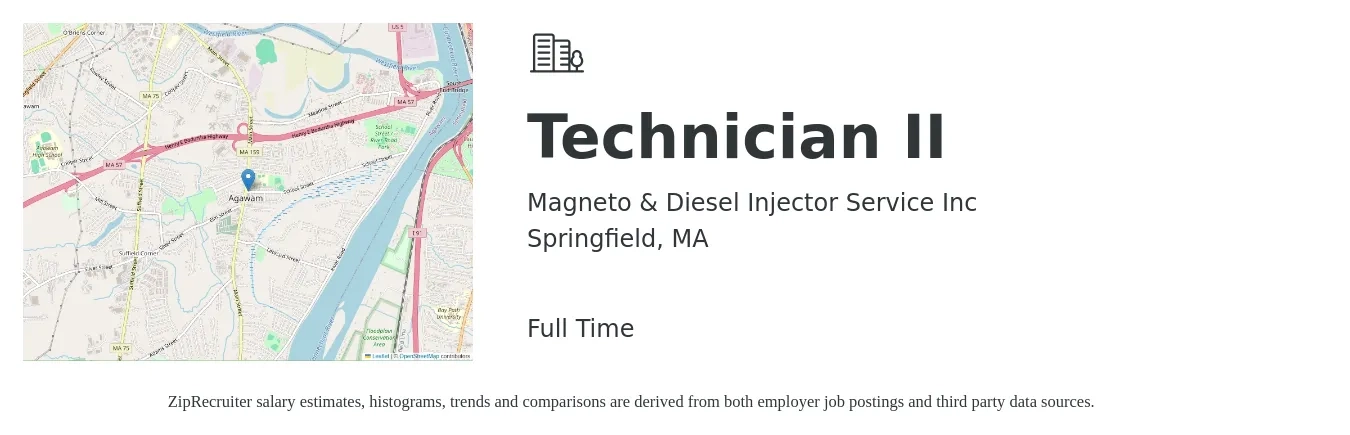 Magneto & Diesel Injector Service Inc job posting for a Technician II in Springfield, MA with a salary of $18 to $23 Hourly with a map of Springfield location.