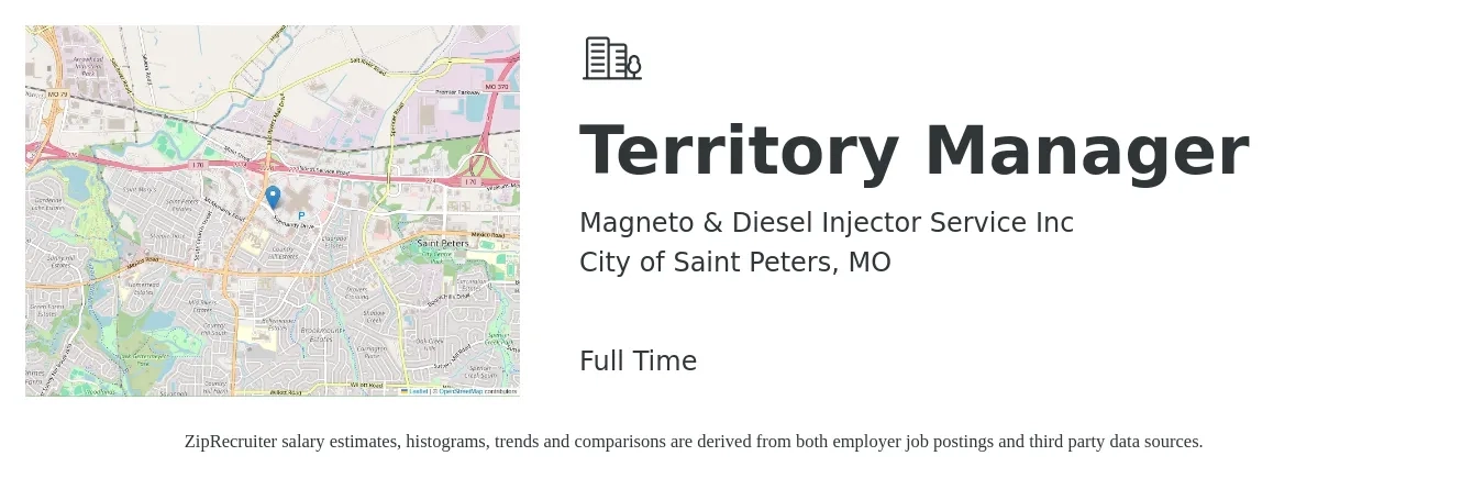 Magneto & Diesel Injector Service Inc job posting for a Territory Manager in City of Saint Peters, MO with a salary of $71,700 to $106,600 Yearly with a map of City of Saint Peters location.