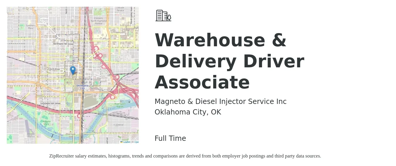 Magneto & Diesel Injector Service Inc job posting for a Warehouse & Delivery Driver Associate in Oklahoma City, OK with a salary of $14 to $18 Hourly with a map of Oklahoma City location.