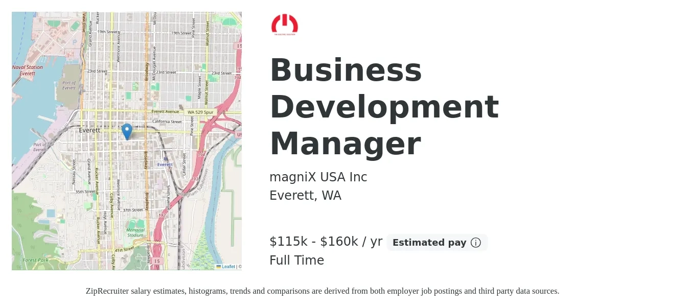 magniX USA Inc job posting for a Business Development Manager in Everett, WA with a salary of $115,000 to $160,000 Yearly with a map of Everett location.