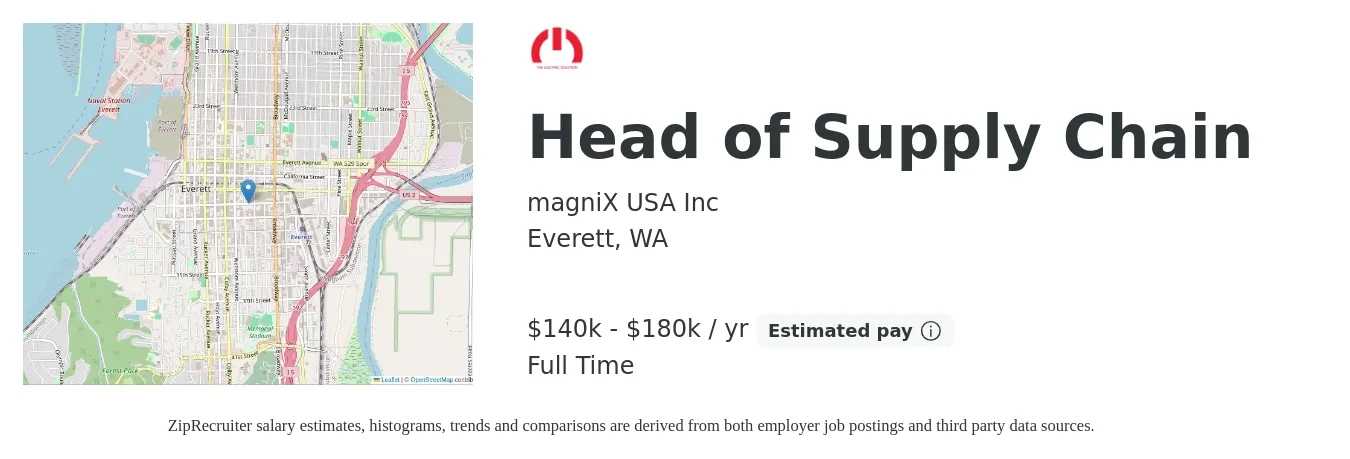 magniX USA Inc job posting for a Head of Supply Chain in Everett, WA with a salary of $140,000 to $180,000 Yearly with a map of Everett location.