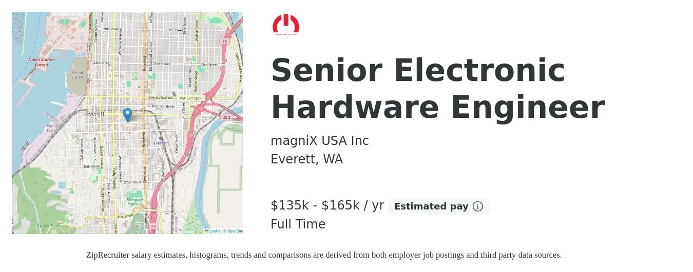 magniX USA Inc job posting for a Senior Electronic Hardware Engineer in Everett, WA with a salary of $135,000 to $165,000 Yearly with a map of Everett location.