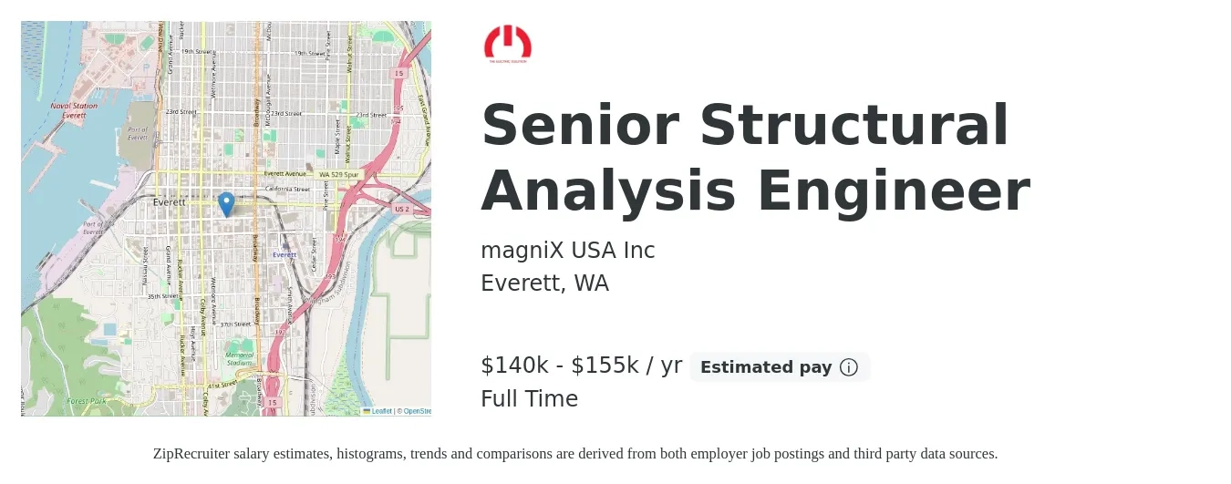 magniX USA Inc job posting for a Senior Structural Analysis Engineer in Everett, WA with a salary of $140,000 to $155,000 Yearly with a map of Everett location.