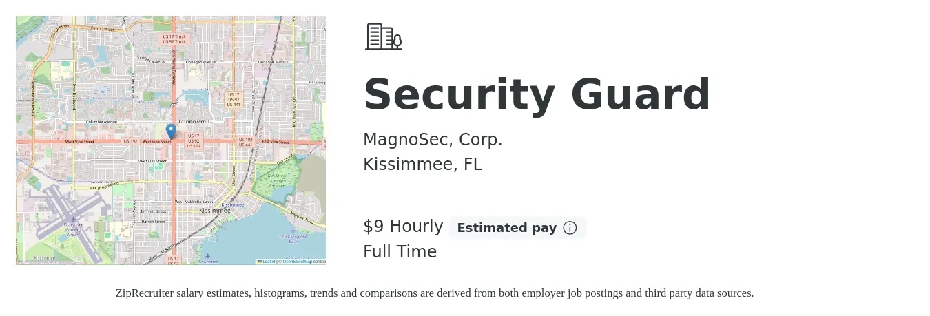 MagnoSec, Corp. job posting for a Security Guard in Kissimmee, FL with a salary of $10 Hourly with a map of Kissimmee location.