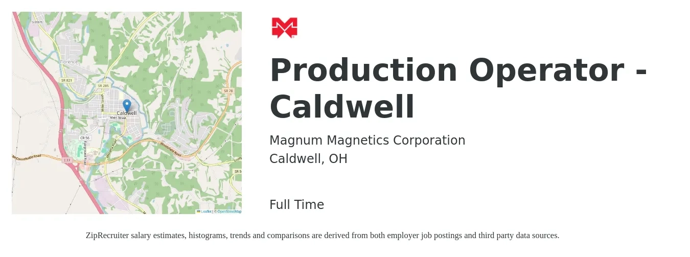 Magnum Magnetics Corporation job posting for a Production Operator - Caldwell in Caldwell, OH with a salary of $14 to $18 Hourly with a map of Caldwell location.