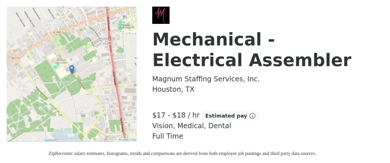 Magnum Staffing Services, Inc. job posting for a Mechanical - Electrical Assembler in Houston, TX with a salary of $18 to $20 Hourly and benefits including vision, dental, life_insurance, and medical with a map of Houston location.
