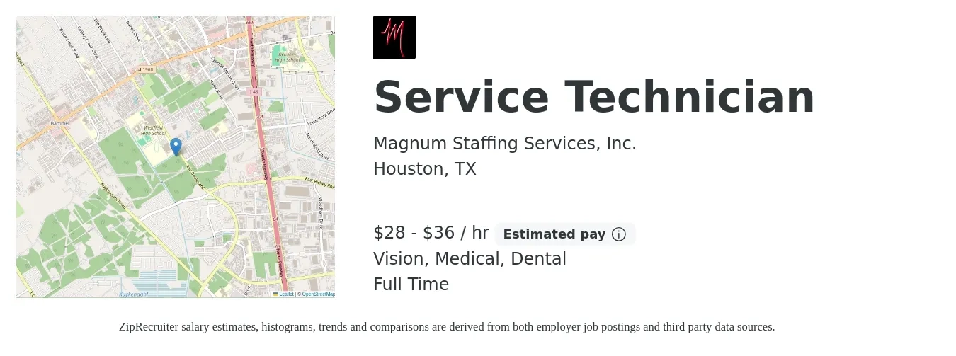 Magnum Staffing Services, Inc. job posting for a Service Technician in Houston, TX with a salary of $30 to $38 Hourly and benefits including dental, life_insurance, medical, and vision with a map of Houston location.