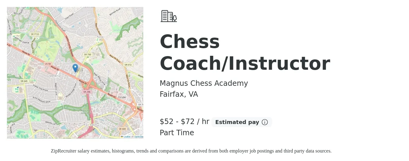 Magnus Chess Academy job posting for a Chess Coach/Instructor in Fairfax, VA with a salary of $55 to $75 Hourly with a map of Fairfax location.