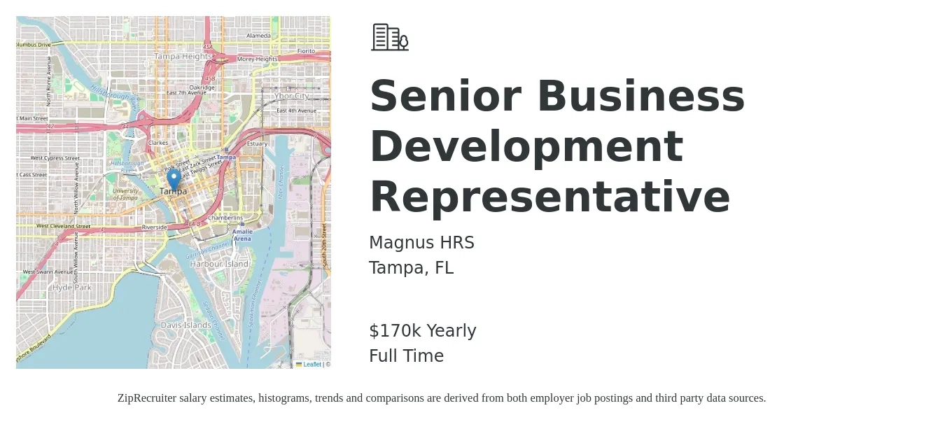 Magnus HRS job posting for a Senior Business Development Representative in Tampa, FL with a salary of $170,000 Yearly with a map of Tampa location.