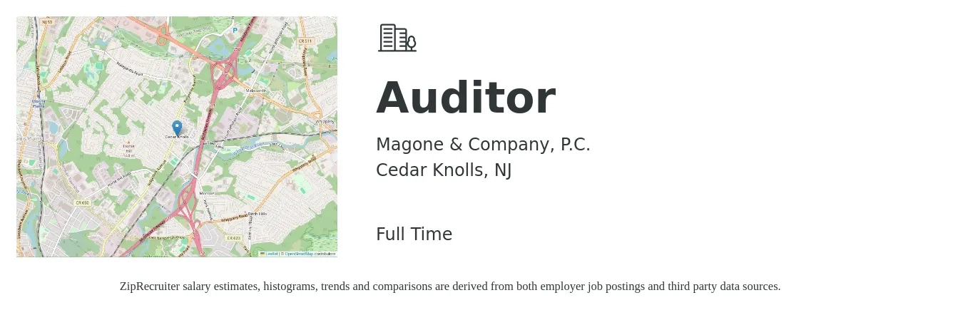 Magone & Company, P.C. job posting for a Auditor in Cedar Knolls, NJ with a salary of $54,300 to $100,000 Yearly with a map of Cedar Knolls location.