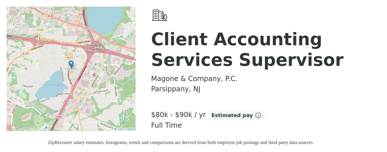Magone & Company, P.C. job posting for a Client Accounting Services Supervisor in Parsippany, NJ with a salary of $80,000 to $90,000 Yearly with a map of Parsippany location.