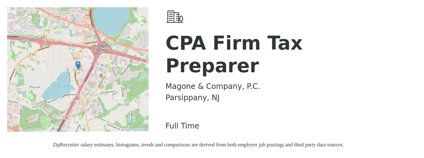 Magone & Company, P.C. job posting for a CPA Firm Tax Preparer in Parsippany, NJ with a salary of $13 to $20 Hourly with a map of Parsippany location.