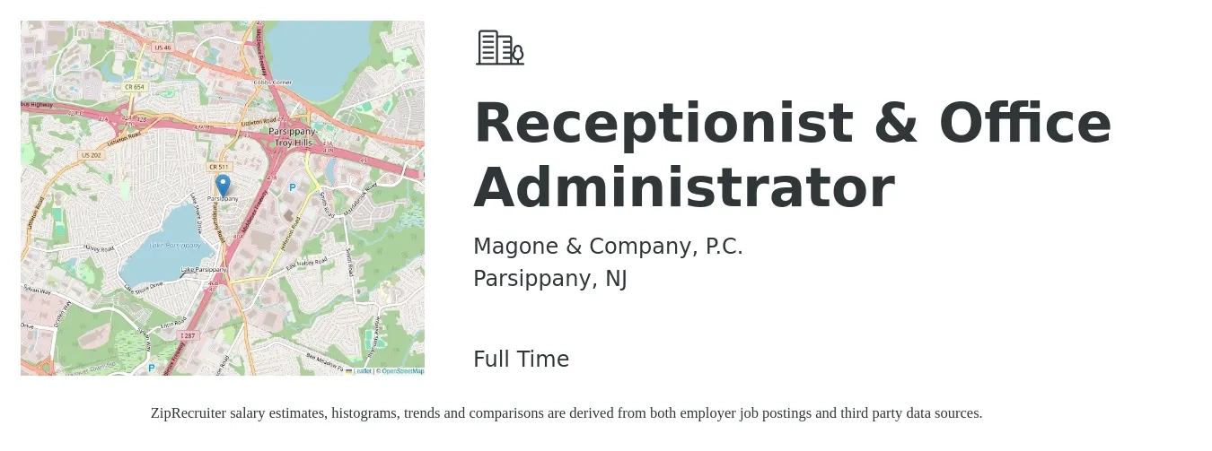 Magone & Company, P.C. job posting for a Receptionist & Office Administrator in Parsippany, NJ with a salary of $40,000 Yearly with a map of Parsippany location.
