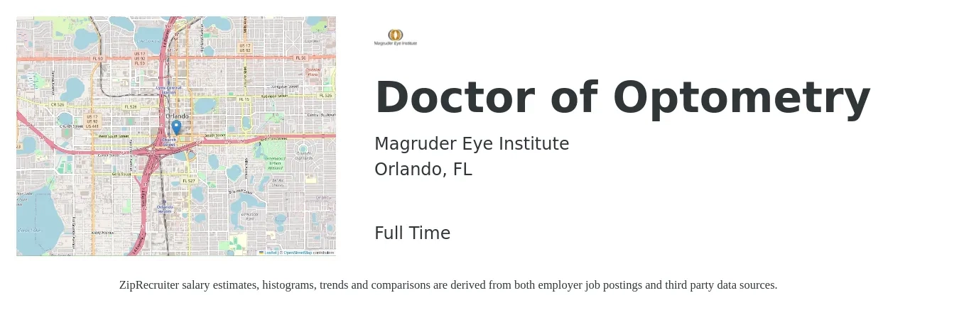 Magruder Eye Institute job posting for a Doctor of Optometry in Orlando, FL with a salary of $91,600 to $136,400 Yearly with a map of Orlando location.