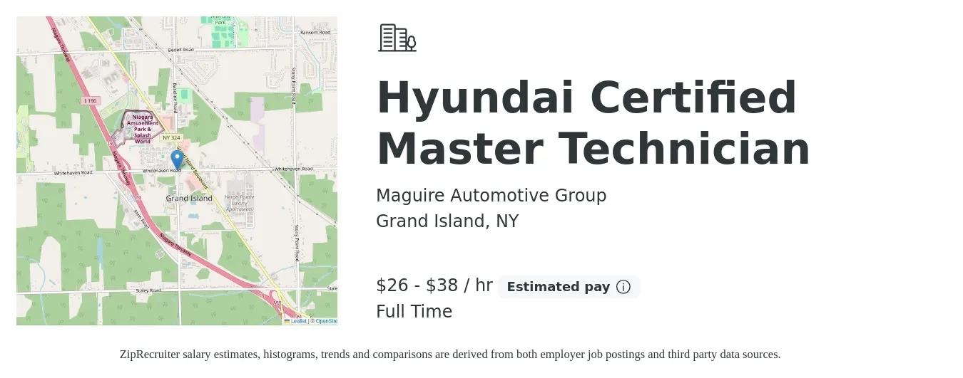 Maguire Automotive Group job posting for a Hyundai Certified Master Technician in Grand Island, NY with a salary of $80,000 to $140,000 Yearly with a map of Grand Island location.