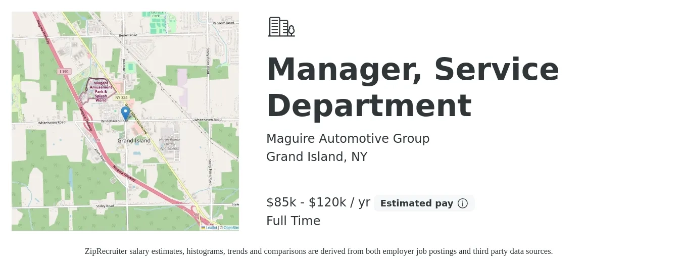 Maguire Automotive Group job posting for a Manager, Service Department in Grand Island, NY with a salary of $85,000 to $120,000 Yearly with a map of Grand Island location.